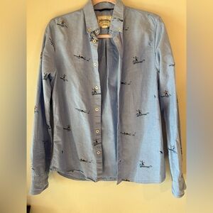 Palm Wave Blue Surf Print Button-Down Shirt